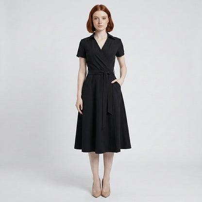 Women's Belted Short Sleeve V-Neck Wrap Midi A-Line Dress