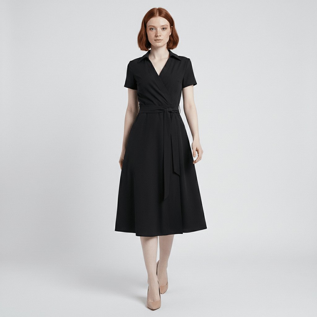 Women's Belted Short Sleeve V-Neck Wrap Midi A-Line Dress