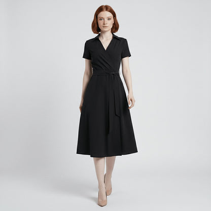 Women's Belted Short Sleeve V-Neck Wrap Midi A-Line Dress