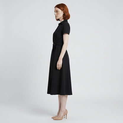 Women's Belted Short Sleeve V-Neck Wrap Midi A-Line Dress