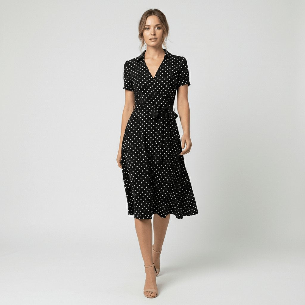 Women's Belted Short Sleeve V-Neck Wrap Midi A-Line Dress