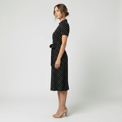 Women's Belted Short Sleeve V-Neck Wrap Midi A-Line Dress