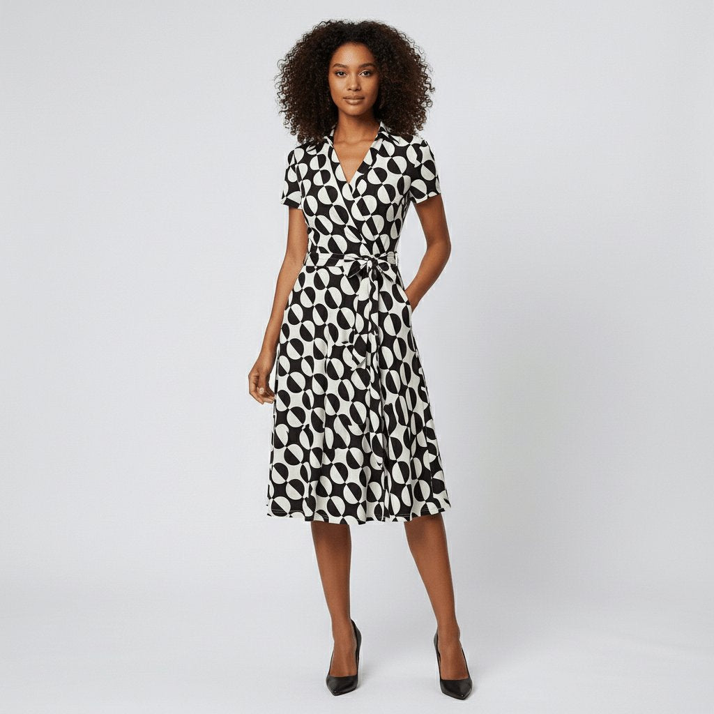 Women's Belted Short Sleeve V-Neck Wrap Midi A-Line Dress