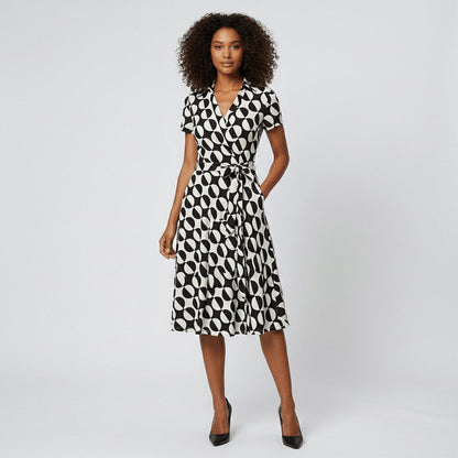 Women's Belted Short Sleeve V-Neck Wrap Midi A-Line Dress