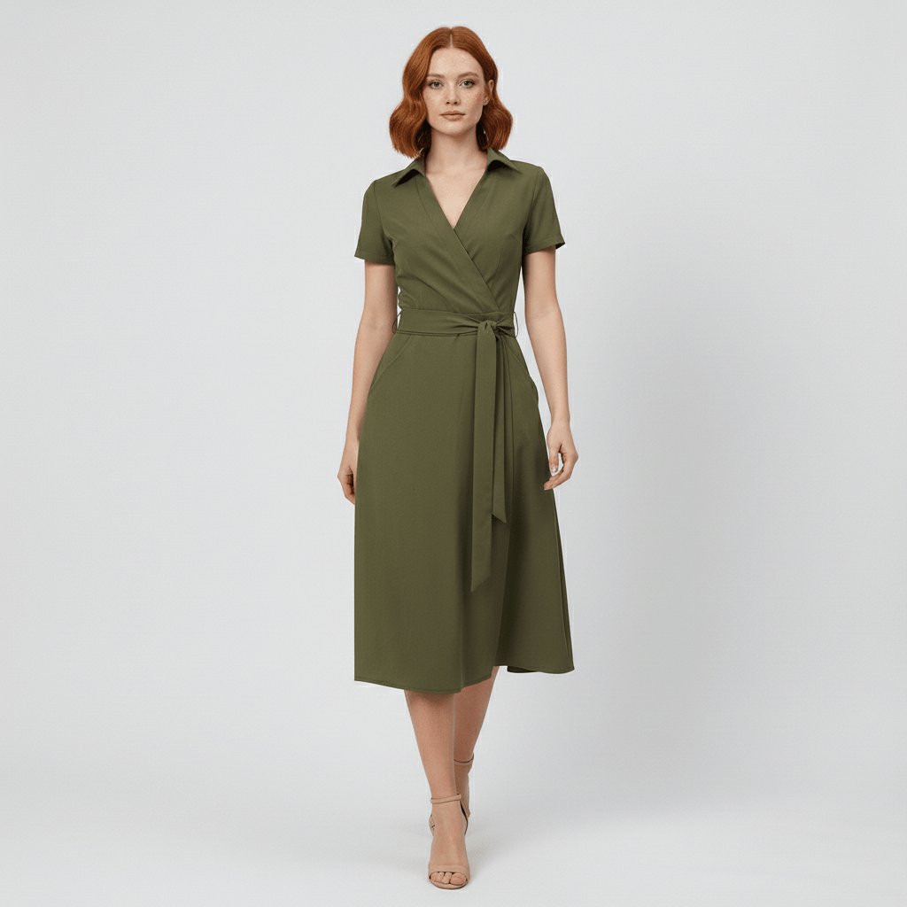 Women's Belted Short Sleeve V-Neck Wrap Midi A-Line Dress
