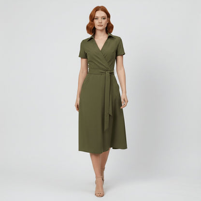Women's Belted Short Sleeve V-Neck Wrap Midi A-Line Dress