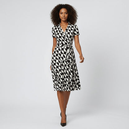Women's Belted Short Sleeve V-Neck Wrap Midi A-Line Dress