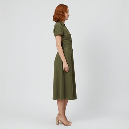 Women's Belted Short Sleeve V-Neck Wrap Midi A-Line Dress