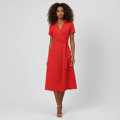 Women's Belted Short Sleeve V-Neck Wrap Midi A-Line Dress