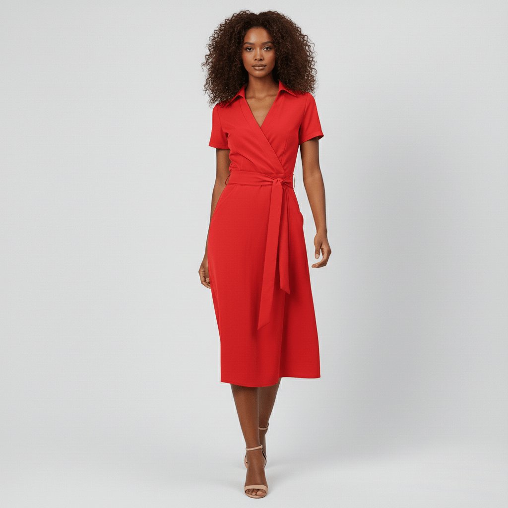 Women's Belted Short Sleeve V-Neck Wrap Midi A-Line Dress