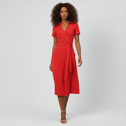 Women's Belted Short Sleeve V-Neck Wrap Midi A-Line Dress