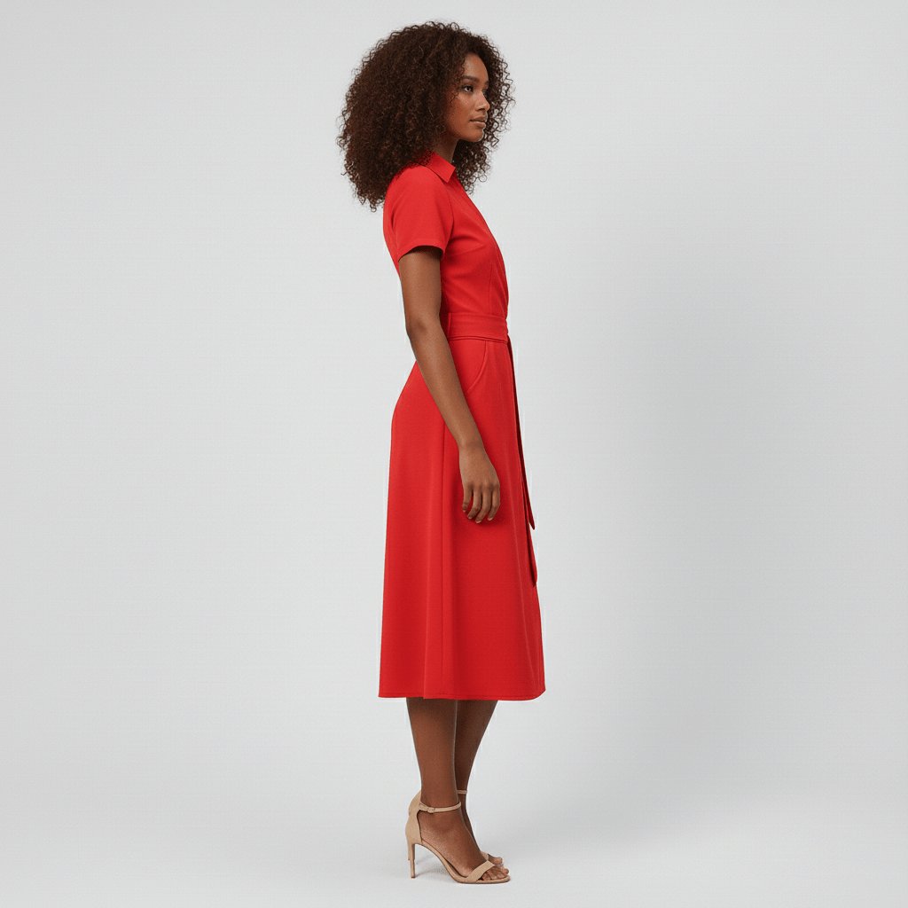 Women's Belted Short Sleeve V-Neck Wrap Midi A-Line Dress