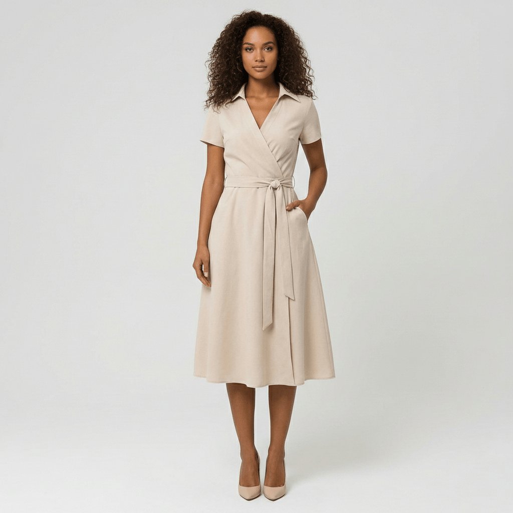 Women's Belted Short Sleeve V-Neck Wrap Midi A-Line Dress