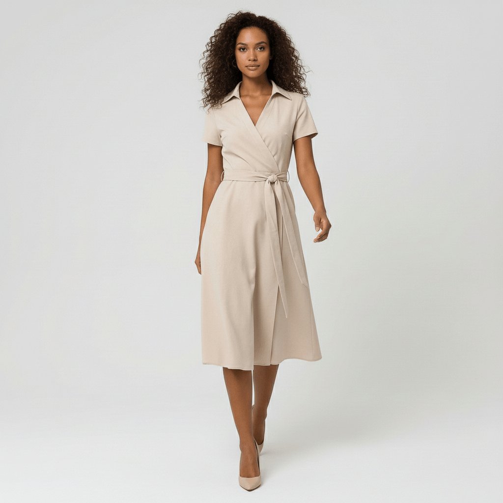 Women's Belted Short Sleeve V-Neck Wrap Midi A-Line Dress