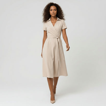 Women's Belted Short Sleeve V-Neck Wrap Midi A-Line Dress