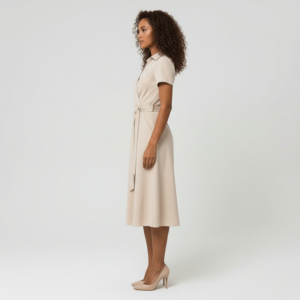Women's Belted Short Sleeve V-Neck Wrap Midi A-Line Dress