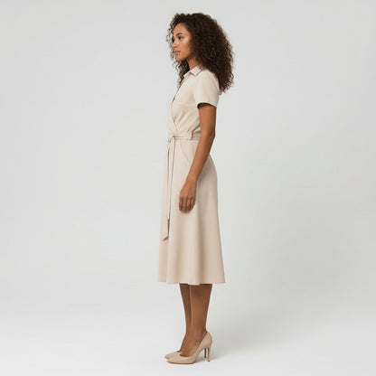 Women's Belted Short Sleeve V-Neck Wrap Midi A-Line Dress