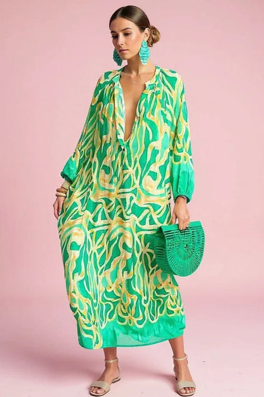 Women's Loose V-Neck Kaftan Maxi Dress in Abstract Print