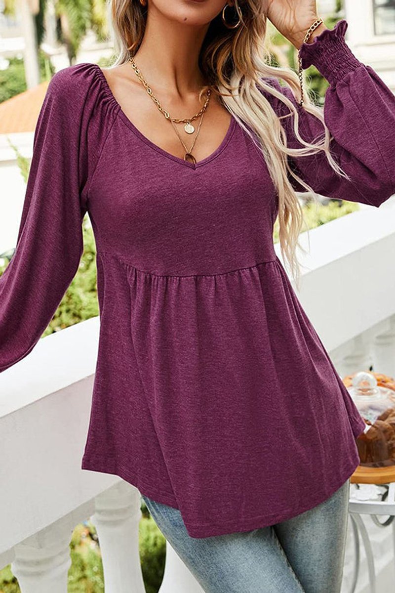 Women's Smocked-Sleeve V-Neck Babydoll Casual Tunic Top