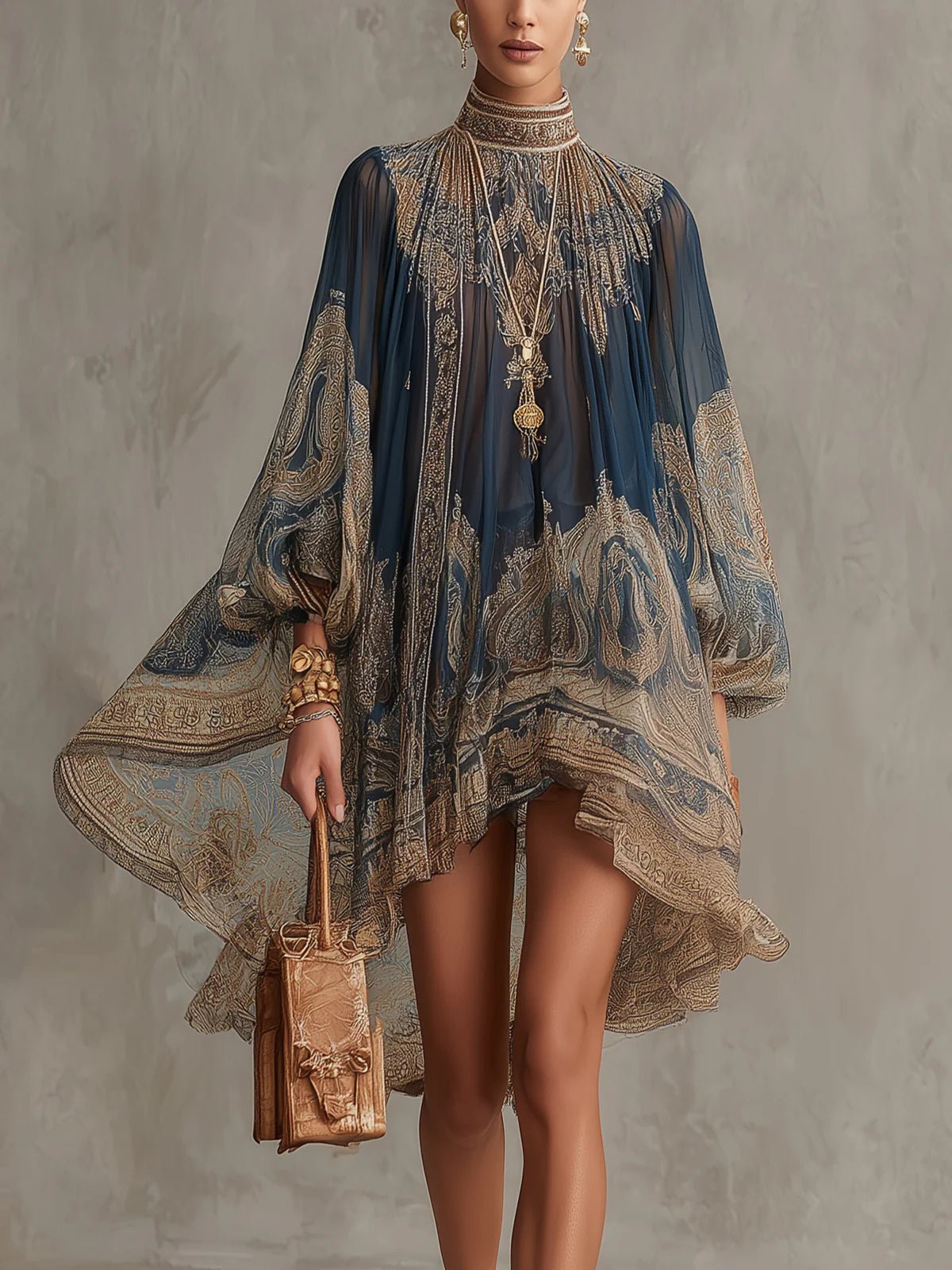 High-Neck Baroque Print Chiffon Dress with Flowy Sleeves for Women