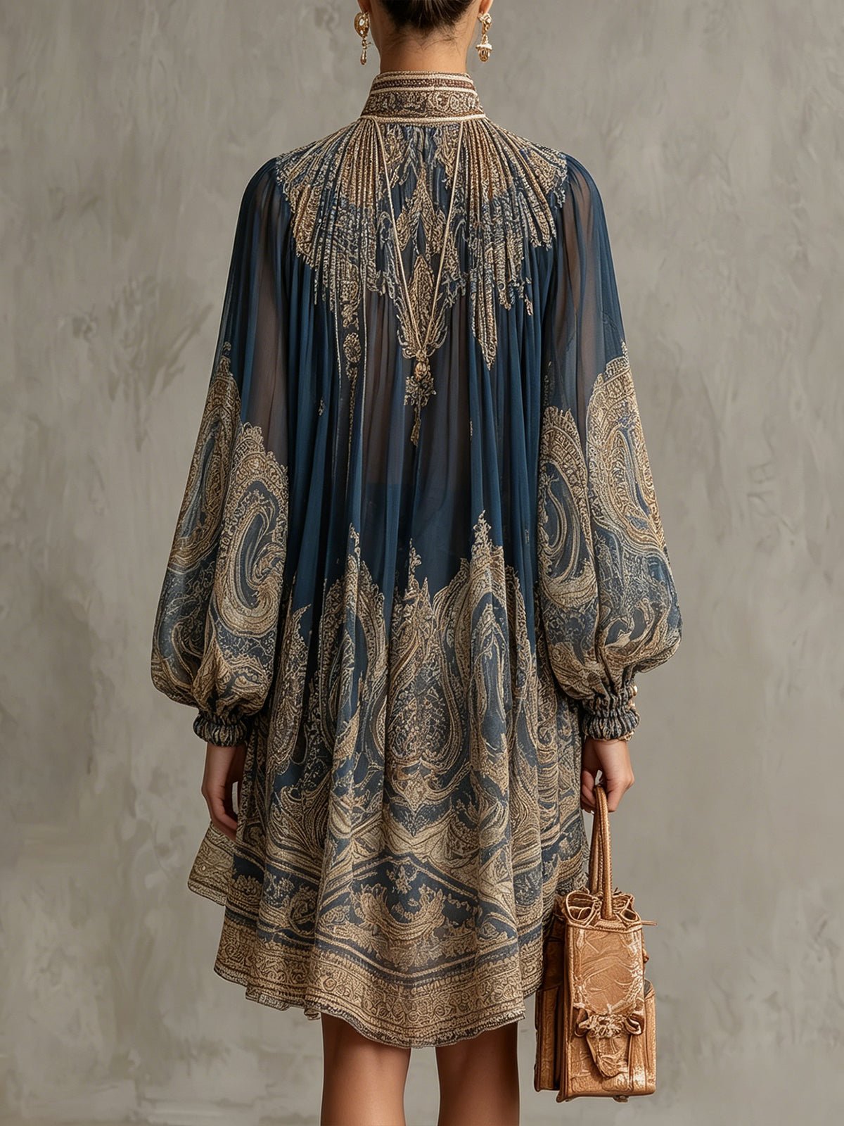 High-Neck Baroque Print Chiffon Dress with Flowy Sleeves for Women
