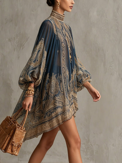 High-Neck Baroque Print Chiffon Dress with Flowy Sleeves for Women