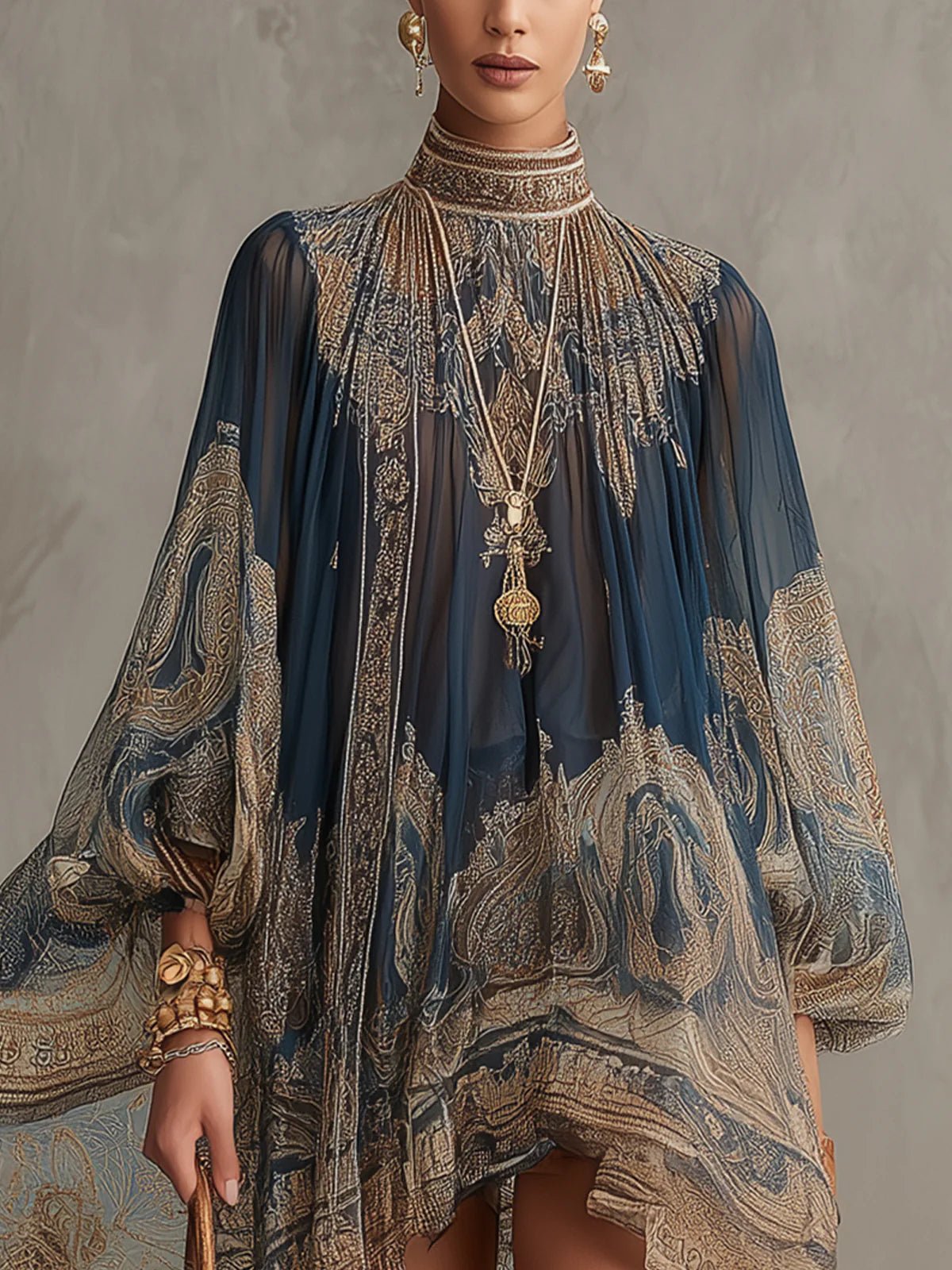 High-Neck Baroque Print Chiffon Dress with Flowy Sleeves for Women