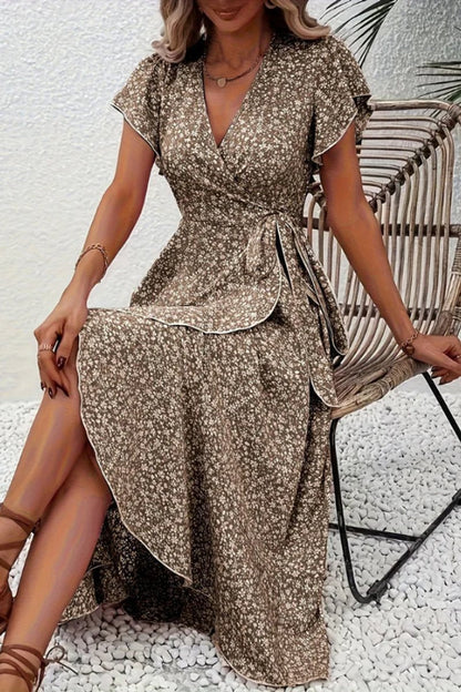 Women's Asymmetric V-Neck Floral Wrap Midi Evening Dress
