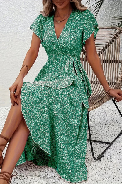 Women's Asymmetric V-Neck Floral Wrap Midi Evening Dress