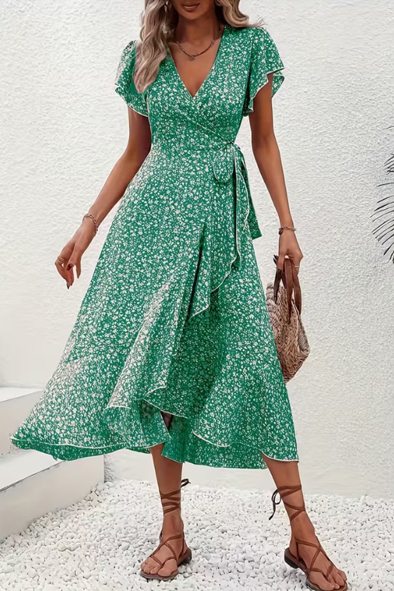 Women's Asymmetric V-Neck Floral Wrap Midi Evening Dress