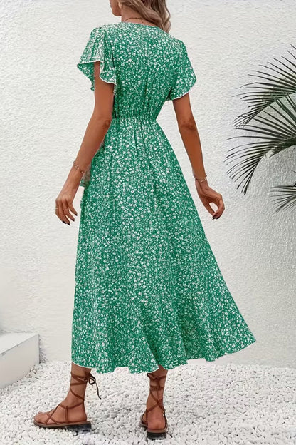 Women's Asymmetric V-Neck Floral Wrap Midi Evening Dress