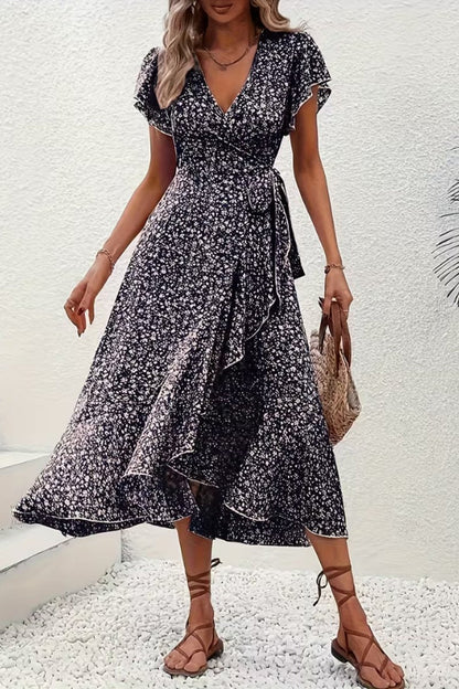 Women's Asymmetric V-Neck Floral Wrap Midi Evening Dress