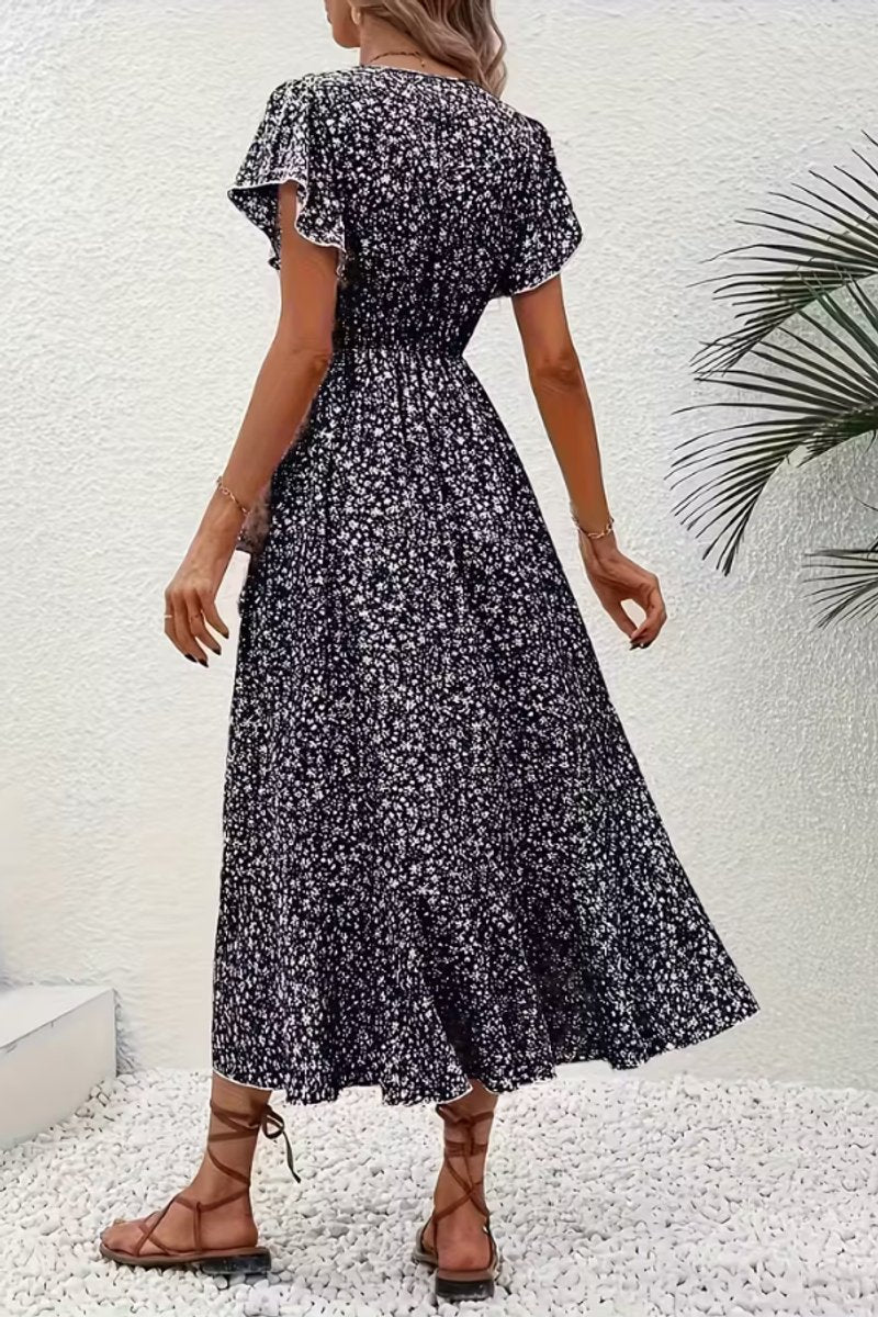 Women's Asymmetric V-Neck Floral Wrap Midi Evening Dress
