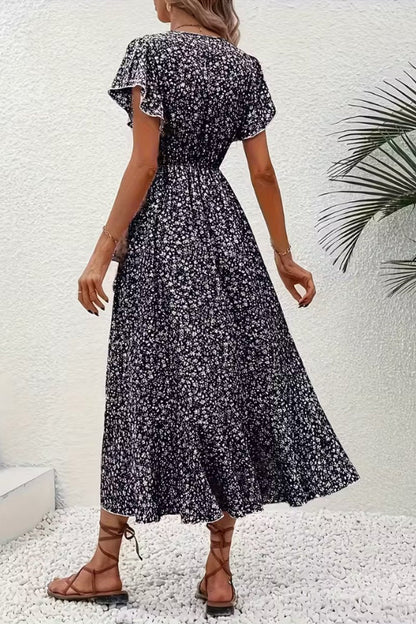 Women's Asymmetric V-Neck Floral Wrap Midi Evening Dress