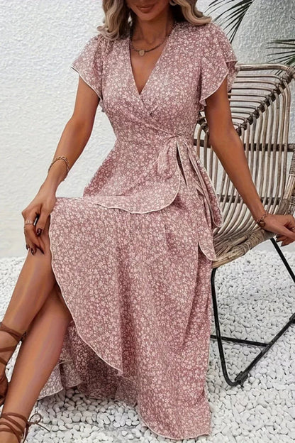Women's Asymmetric V-Neck Floral Wrap Midi Evening Dress