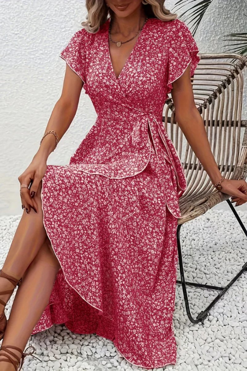 Women's Asymmetric V-Neck Floral Wrap Midi Evening Dress