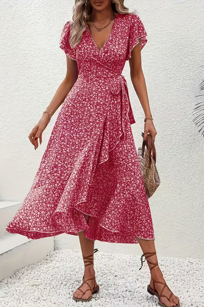 Women's Asymmetric V-Neck Floral Wrap Midi Evening Dress