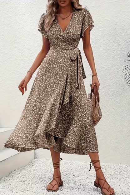 Women's Asymmetric V-Neck Floral Wrap Midi Evening Dress