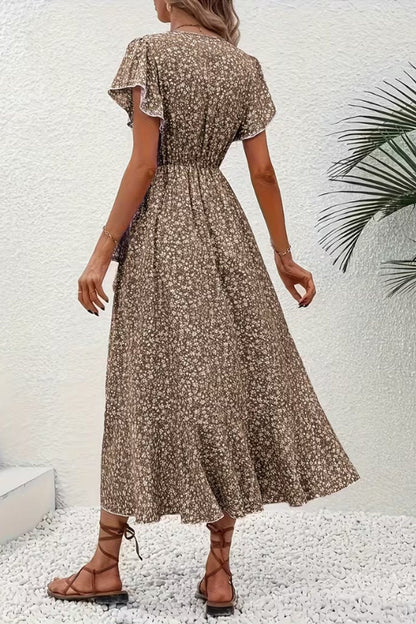 Women's Asymmetric V-Neck Floral Wrap Midi Evening Dress