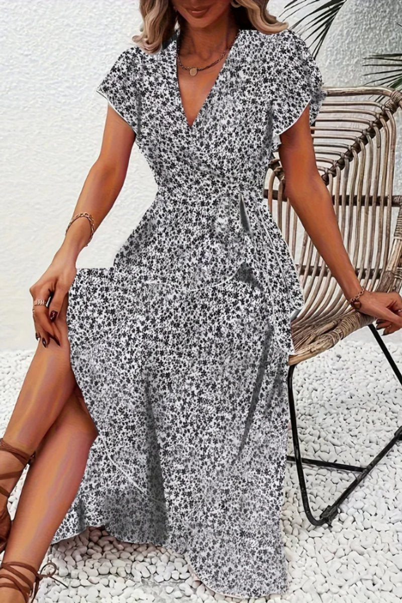 Women's Asymmetric V-Neck Floral Wrap Midi Evening Dress