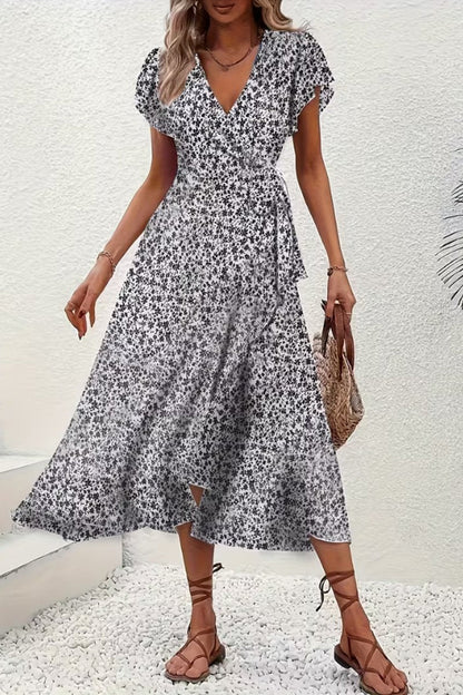 Women's Asymmetric V-Neck Floral Wrap Midi Evening Dress