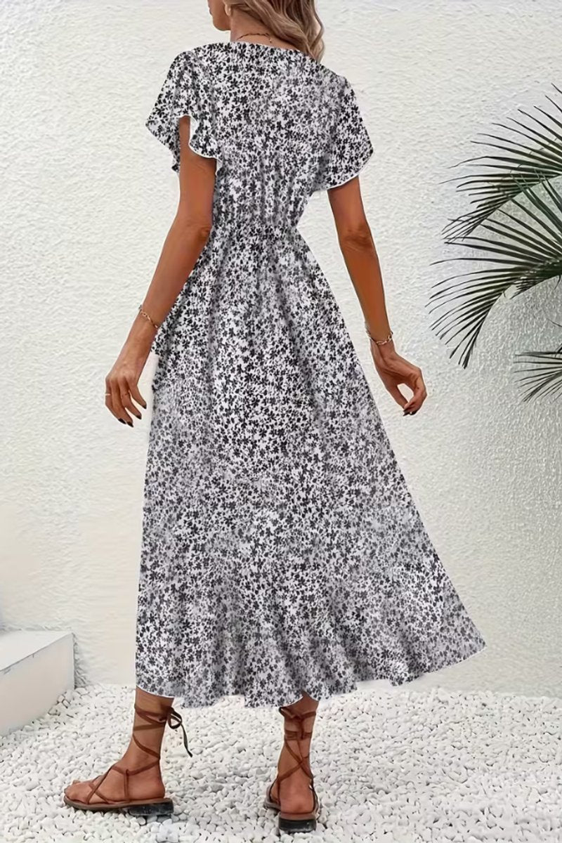 Women's Asymmetric V-Neck Floral Wrap Midi Evening Dress