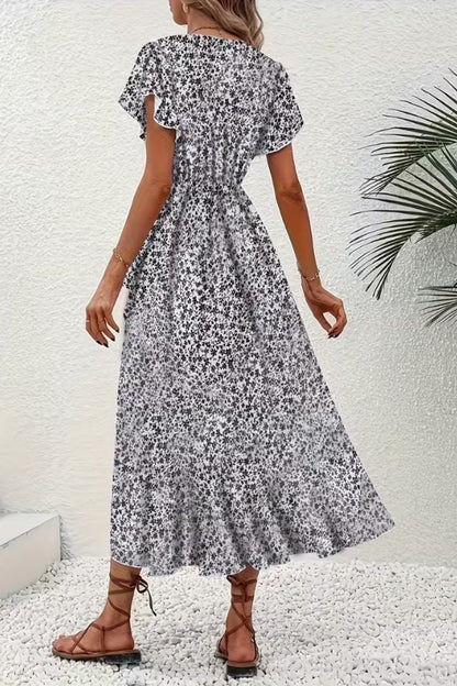 Women's Asymmetric V-Neck Floral Wrap Midi Evening Dress