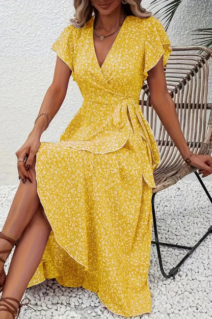 Women's Asymmetric V-Neck Floral Wrap Midi Evening Dress