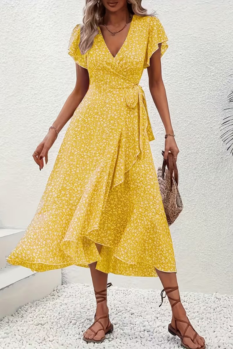 Women's Asymmetric V-Neck Floral Wrap Midi Evening Dress