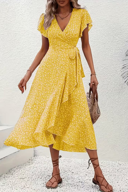 Women's Asymmetric V-Neck Floral Wrap Midi Evening Dress