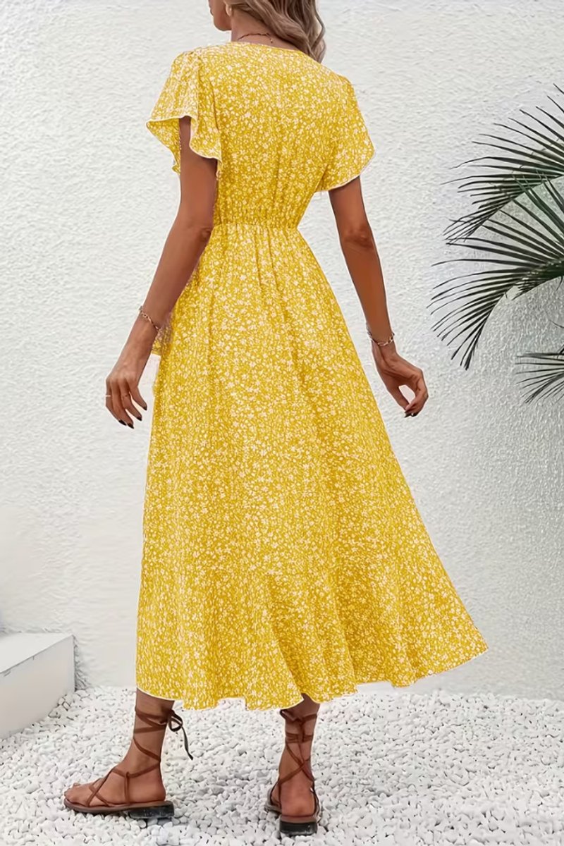 Women's Asymmetric V-Neck Floral Wrap Midi Evening Dress