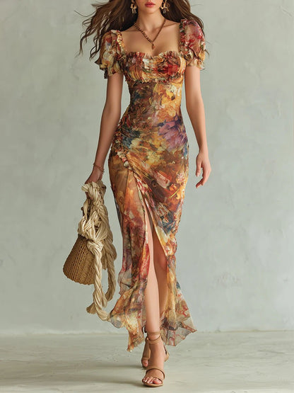 Sweetheart Neck Floral Chiffon Maxi Dress with Ruffles for Women