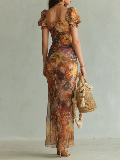 Sweetheart Neck Floral Chiffon Maxi Dress with Ruffles for Women