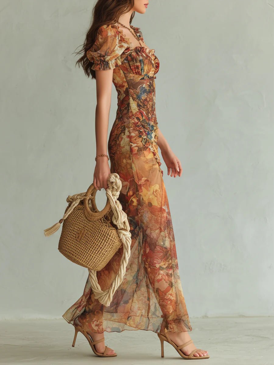 Sweetheart Neck Floral Chiffon Maxi Dress with Ruffles for Women